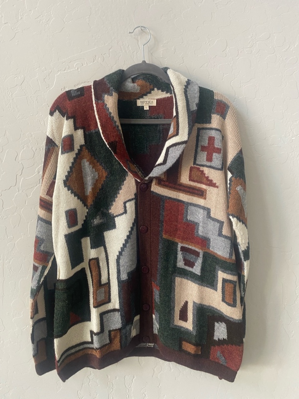 Novica Multicolor Geometric Knit Alpaca Cardigan Sweater Shawl Collar Size L